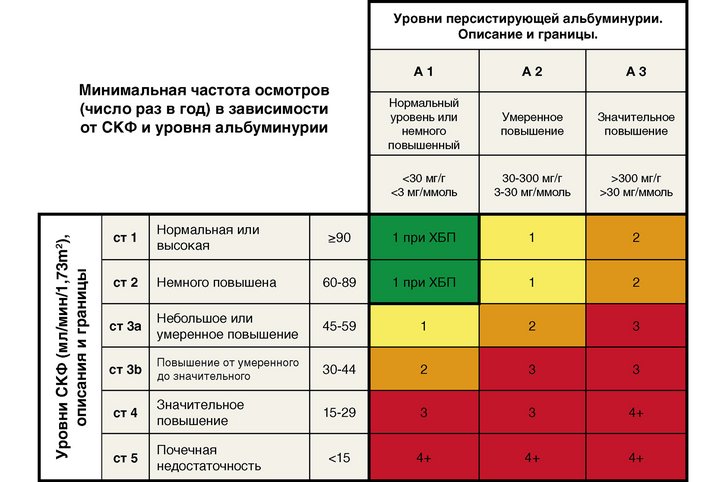 [Translate to Kazakh:] Таблица по СКФ и альбуминурии для отражения риска прогрессирования по интенсивности цвета
